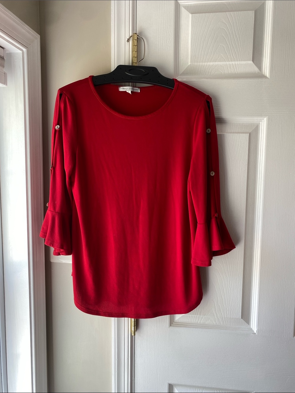 Green Envelope Ruby Button-Tab Ruffled Sleeve Long Sleeve Top
